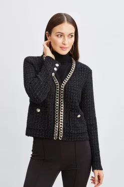 Elie Tahari Tops & Sweaters|Suiting-Chain Trim Metallic Cardigan NOIR/NOIRLUREX