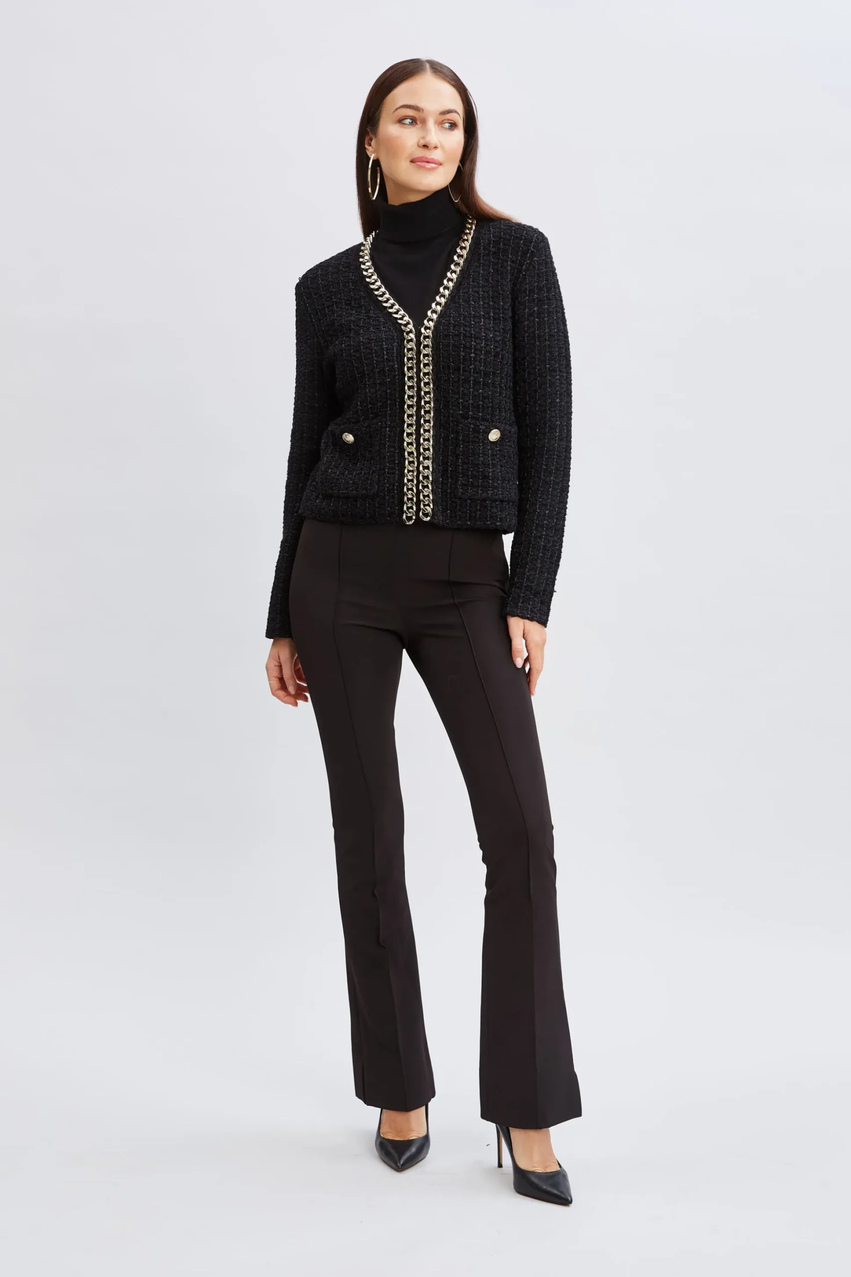 Elie Tahari Tops & Sweaters|Suiting-Chain Trim Metallic Cardigan NOIR/NOIRLUREX