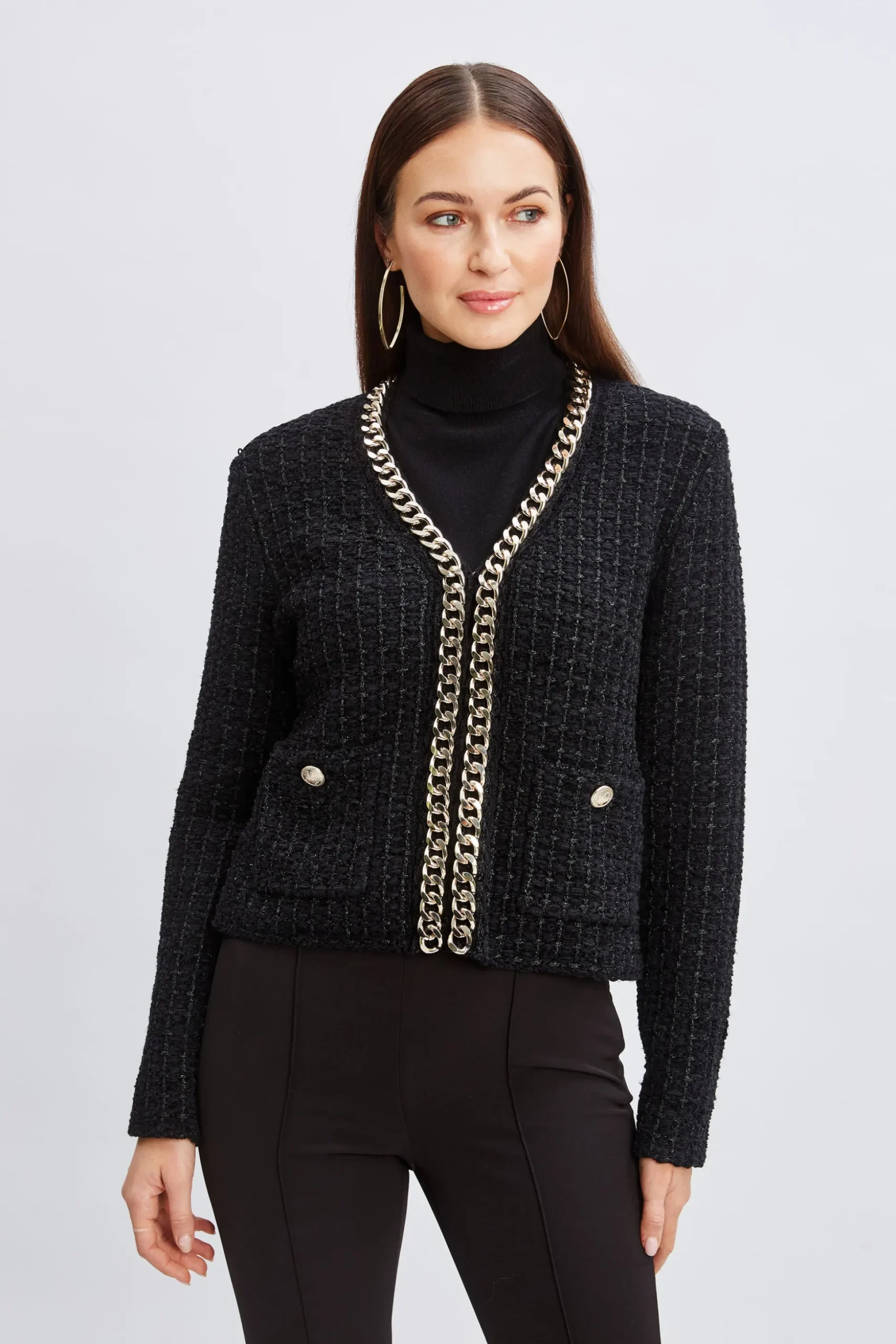 Elie Tahari Tops & Sweaters|Suiting-Chain Trim Metallic Cardigan NOIR/NOIRLUREX