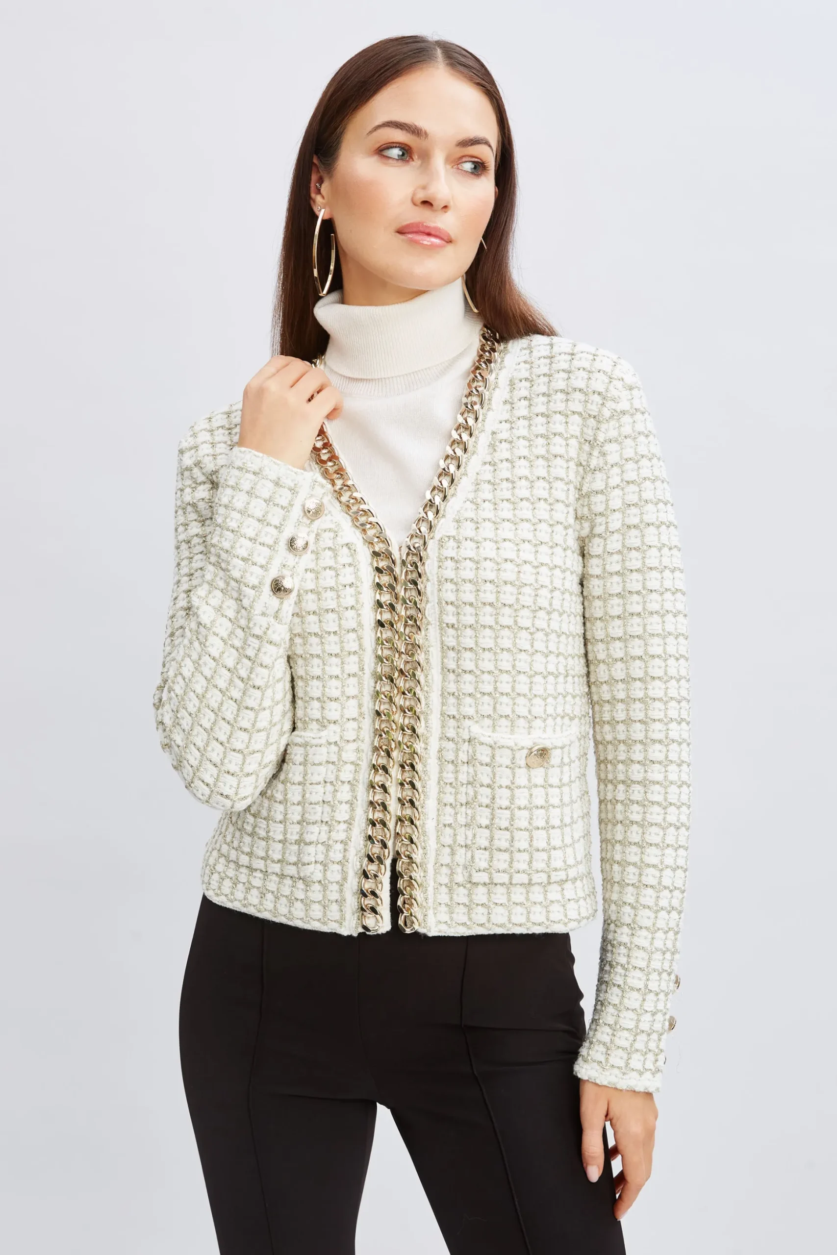 Elie Tahari Tops & Sweaters|Suiting-Chain Trim Metallic Cardigan IVORY/GOLDLUREX