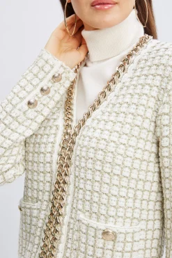 Elie Tahari Tops & Sweaters|Suiting-Chain Trim Metallic Cardigan IVORY/GOLDLUREX