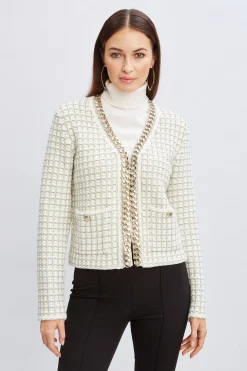 Elie Tahari Tops & Sweaters|Suiting-Chain Trim Metallic Cardigan IVORY/GOLDLUREX