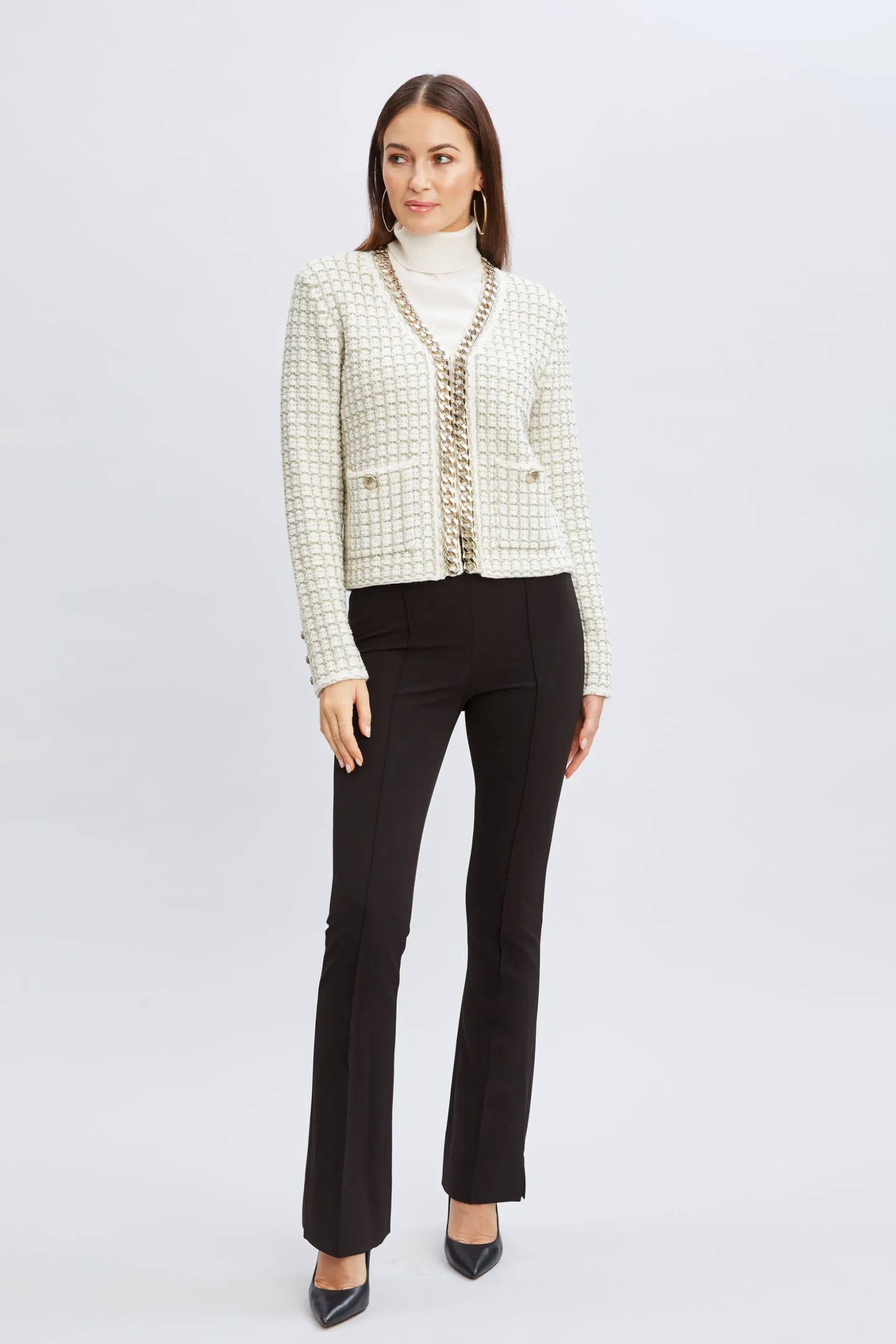 Elie Tahari Tops & Sweaters|Suiting-Chain Trim Metallic Cardigan IVORY/GOLDLUREX