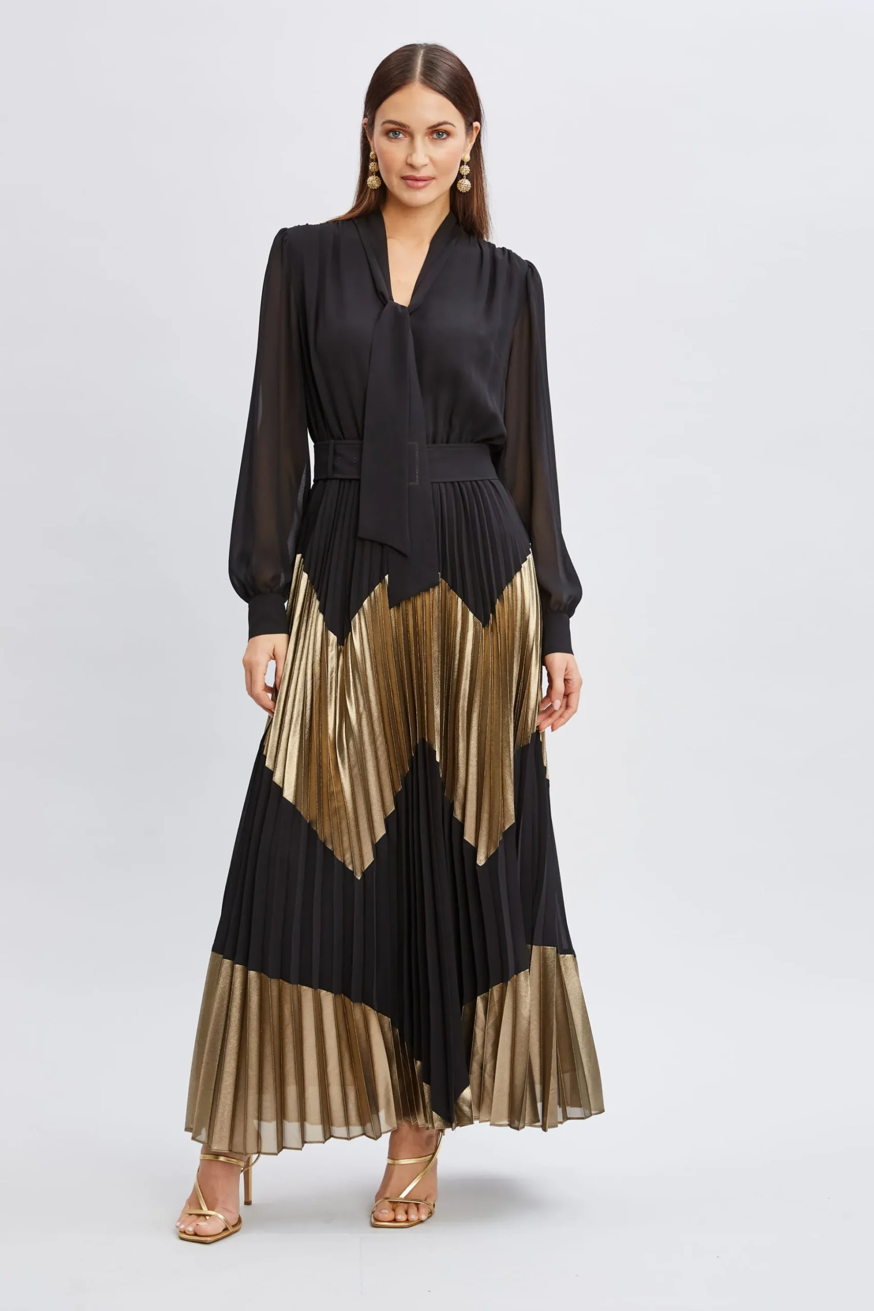 Elie Tahari Dresses & Jumpsuits|Maxi Dresses-Chiffon Gilded Pleated Maxi Dress NOIRANDGOLD