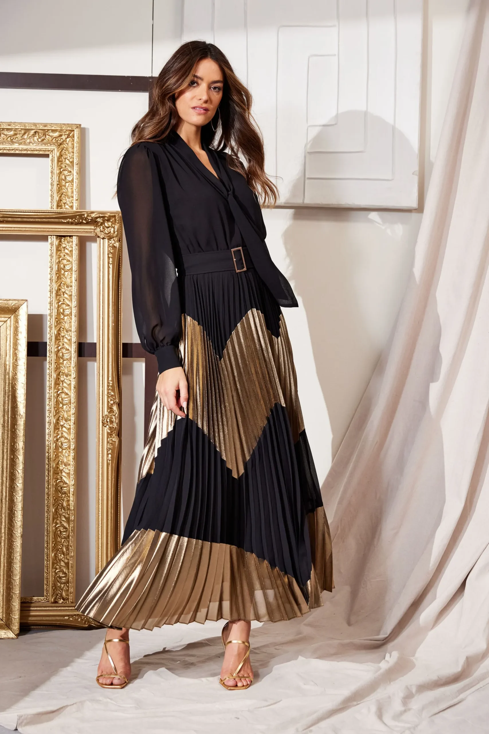 Elie Tahari Dresses & Jumpsuits|Maxi Dresses-Chiffon Gilded Pleated Maxi Dress NOIRANDGOLD