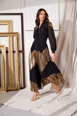 Elie Tahari Dresses & Jumpsuits|Maxi Dresses-Chiffon Gilded Pleated Maxi Dress NOIRANDGOLD