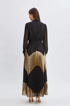 Elie Tahari Dresses & Jumpsuits|Maxi Dresses-Chiffon Gilded Pleated Maxi Dress NOIRANDGOLD