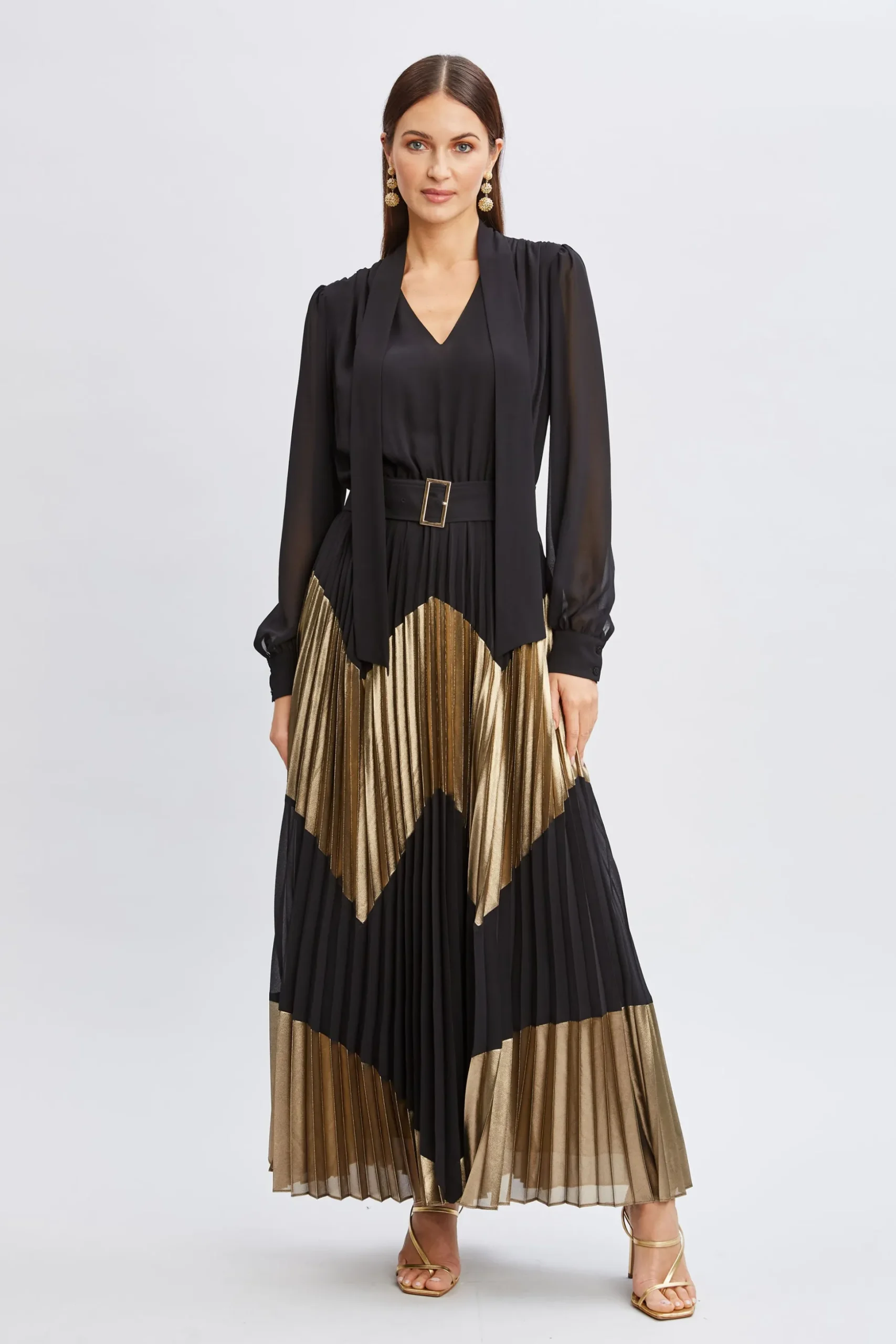 Elie Tahari Dresses & Jumpsuits|Maxi Dresses-Chiffon Gilded Pleated Maxi Dress NOIRANDGOLD