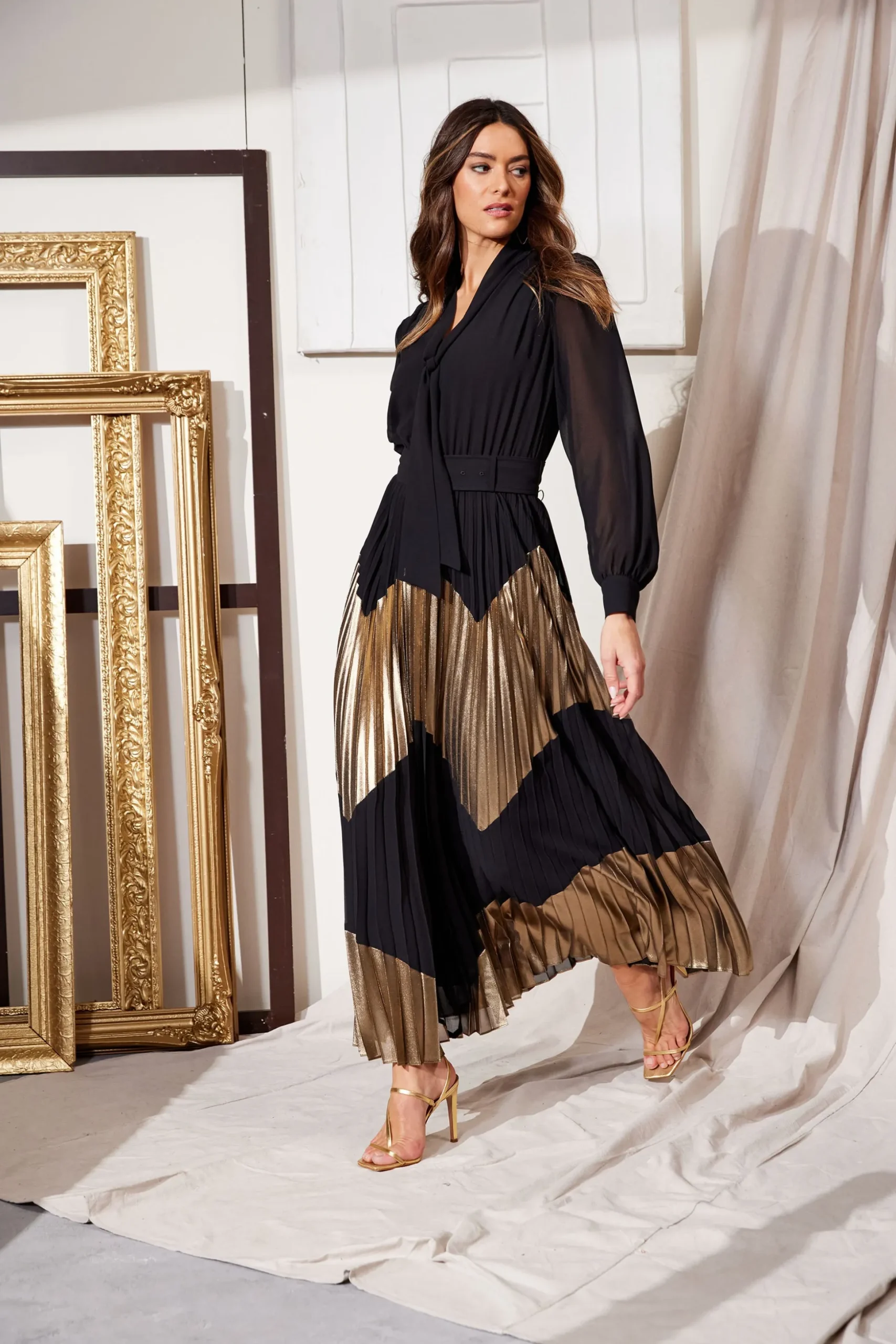 Elie Tahari Dresses & Jumpsuits|Maxi Dresses-Chiffon Gilded Pleated Maxi Dress NOIRANDGOLD