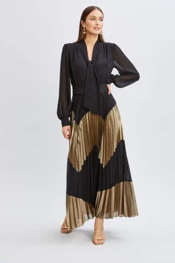 Elie Tahari Dresses & Jumpsuits|Maxi Dresses-Chiffon Gilded Pleated Maxi Dress NOIRANDGOLD