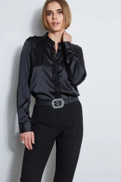 Elie Tahari Tops & Sweaters|Suiting-Chiffon Ruffle Silk Satin Shirt BLACK