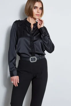 Elie Tahari Tops & Sweaters|Suiting-Chiffon Ruffle Silk Satin Shirt BLACK