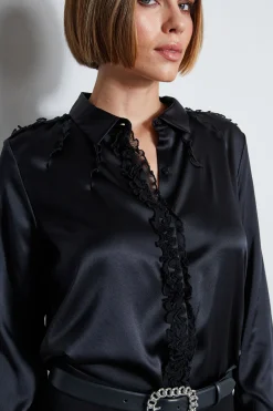 Elie Tahari Tops & Sweaters|Suiting-Chiffon Ruffle Silk Satin Shirt BLACK