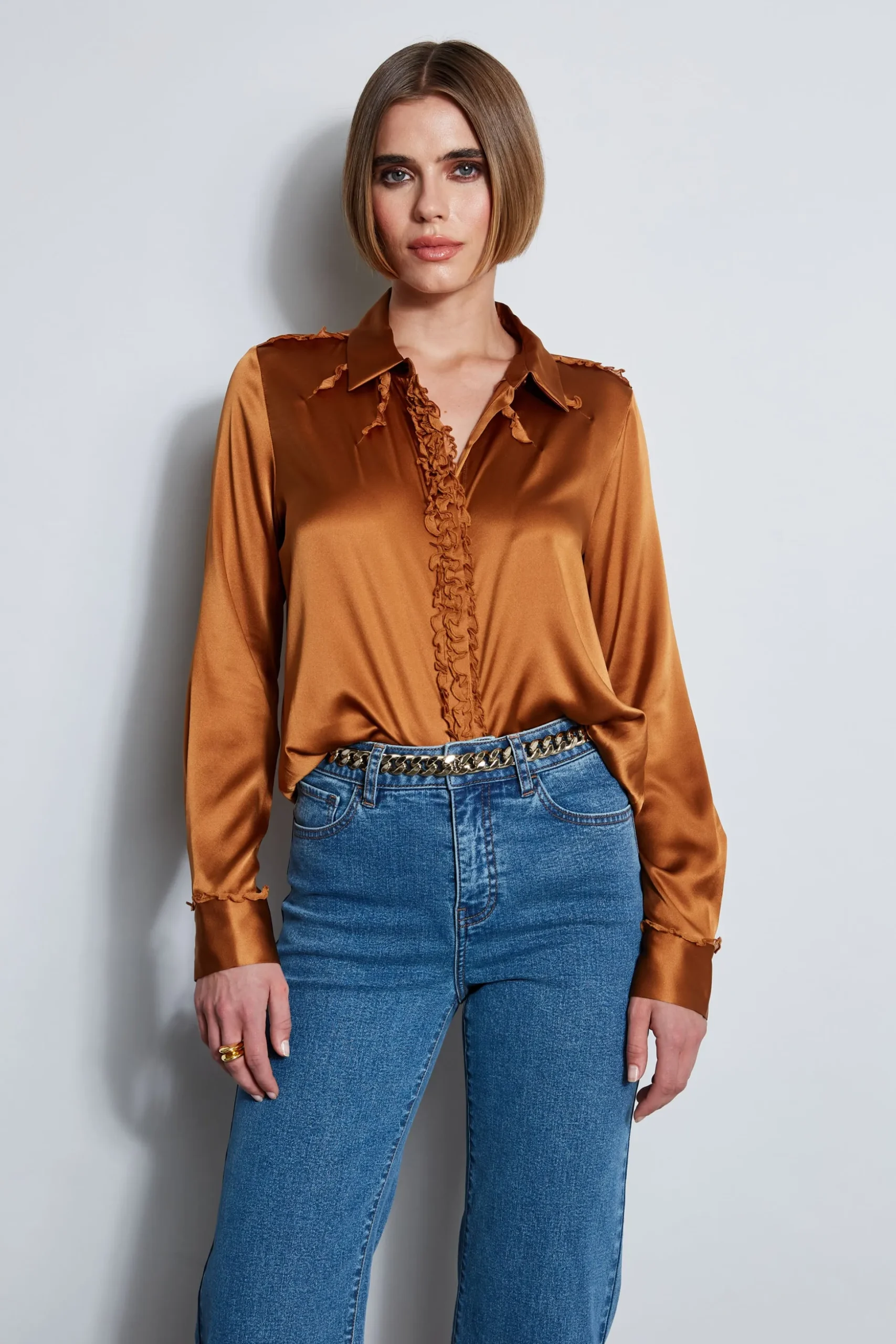 Elie Tahari Tops & Sweaters-Chiffon Ruffle Silk Satin Shirt COPPER