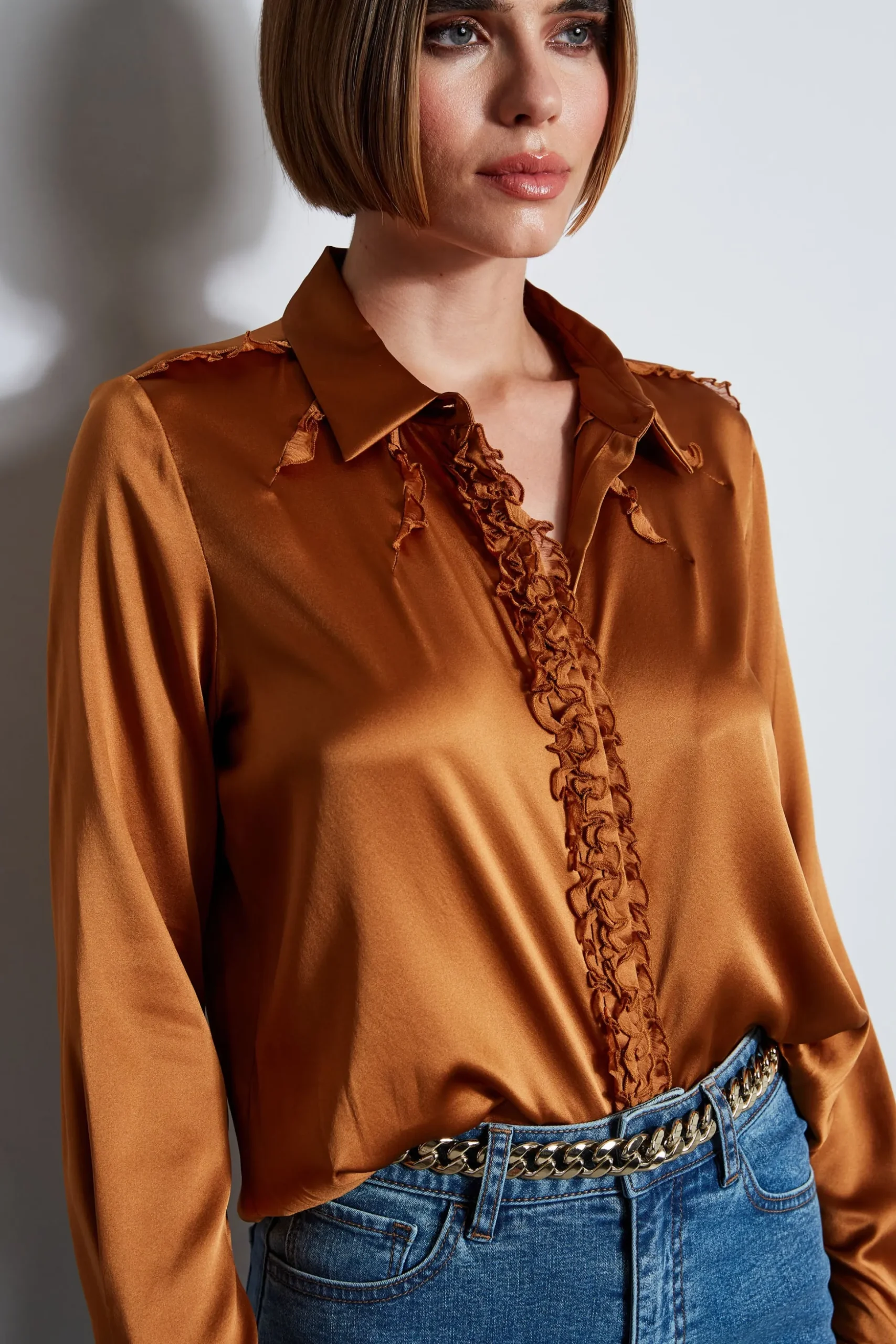 Elie Tahari Tops & Sweaters-Chiffon Ruffle Silk Satin Shirt COPPER