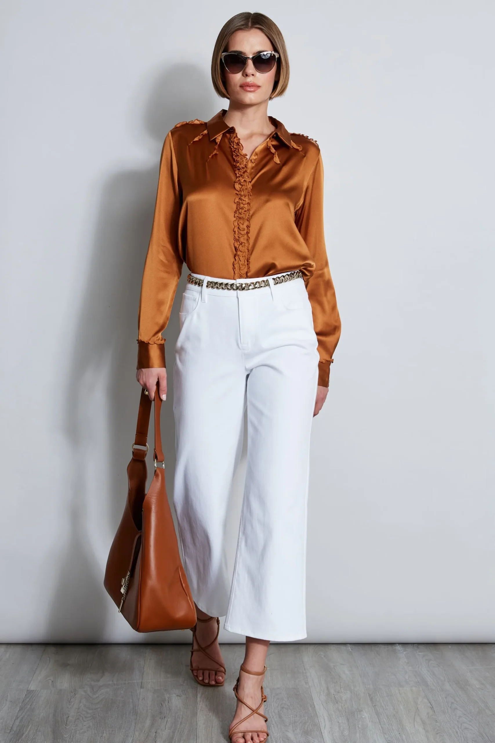 Elie Tahari Tops & Sweaters-Chiffon Ruffle Silk Satin Shirt COPPER