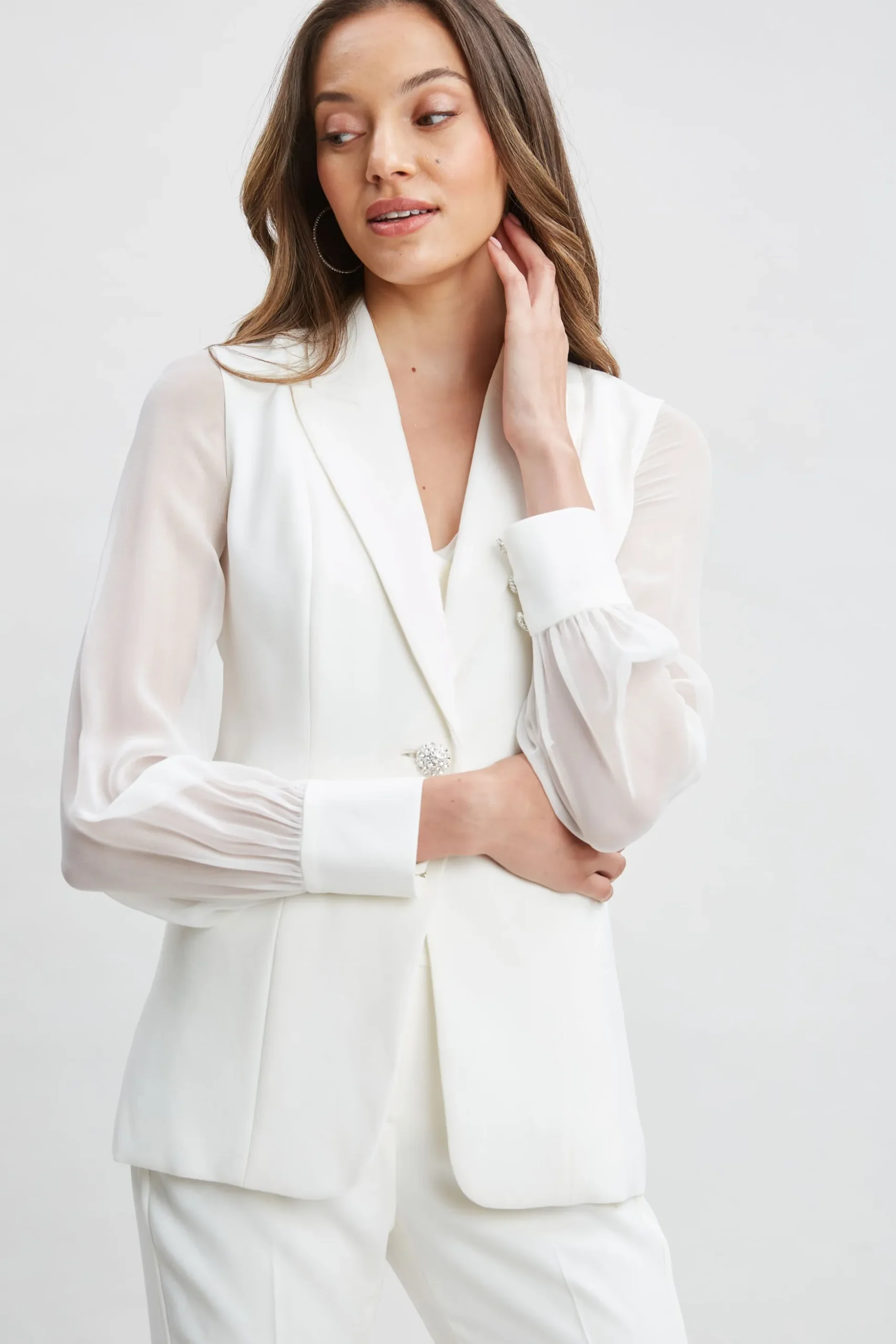 Elie Tahari Jackets & Blazers|Suiting-Chiffon Sleeve Jewel Button Blazer FOAM