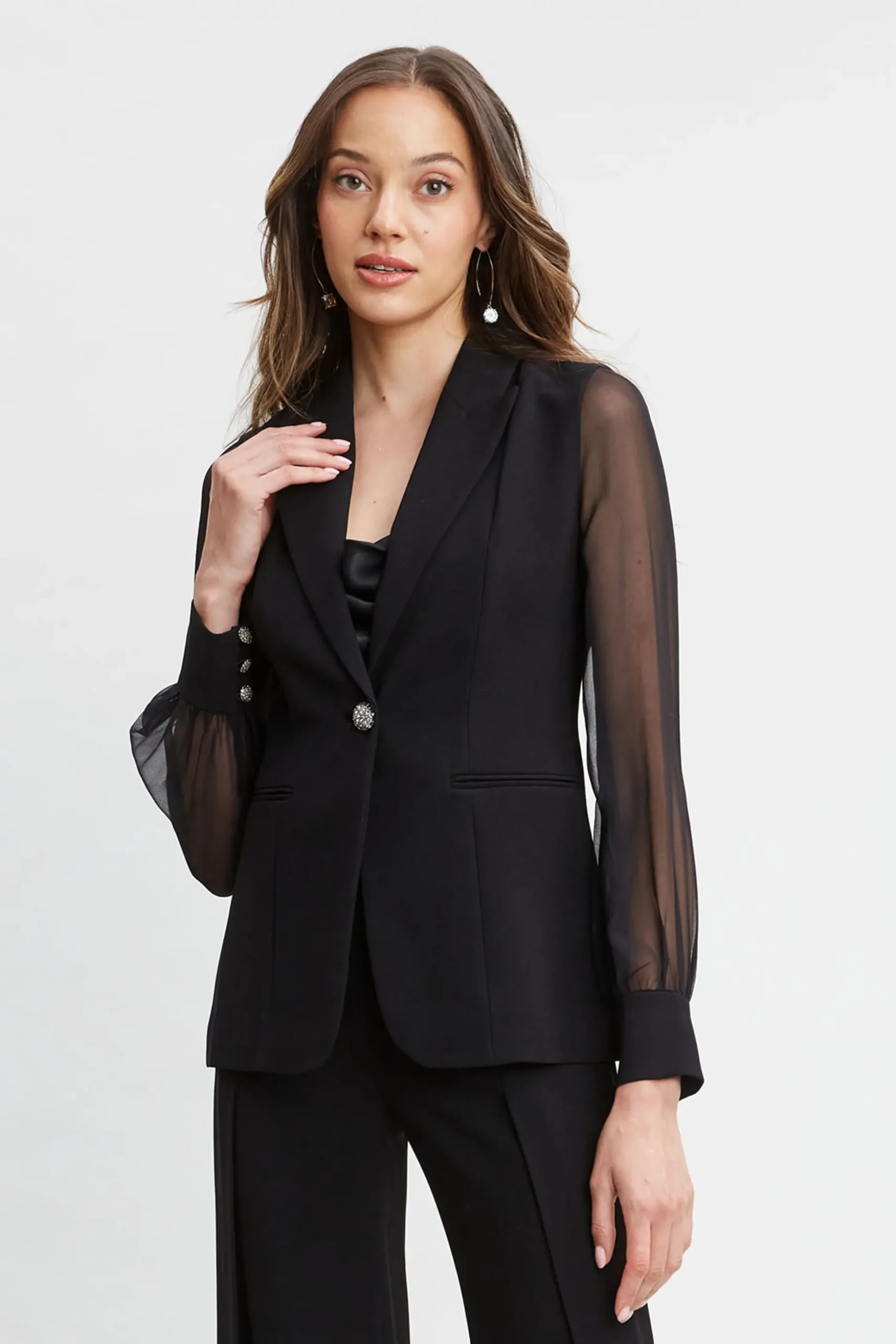 Elie Tahari Suiting|Jackets & Blazers-Chiffon Sleeve Jewel Button Blazer BLACK