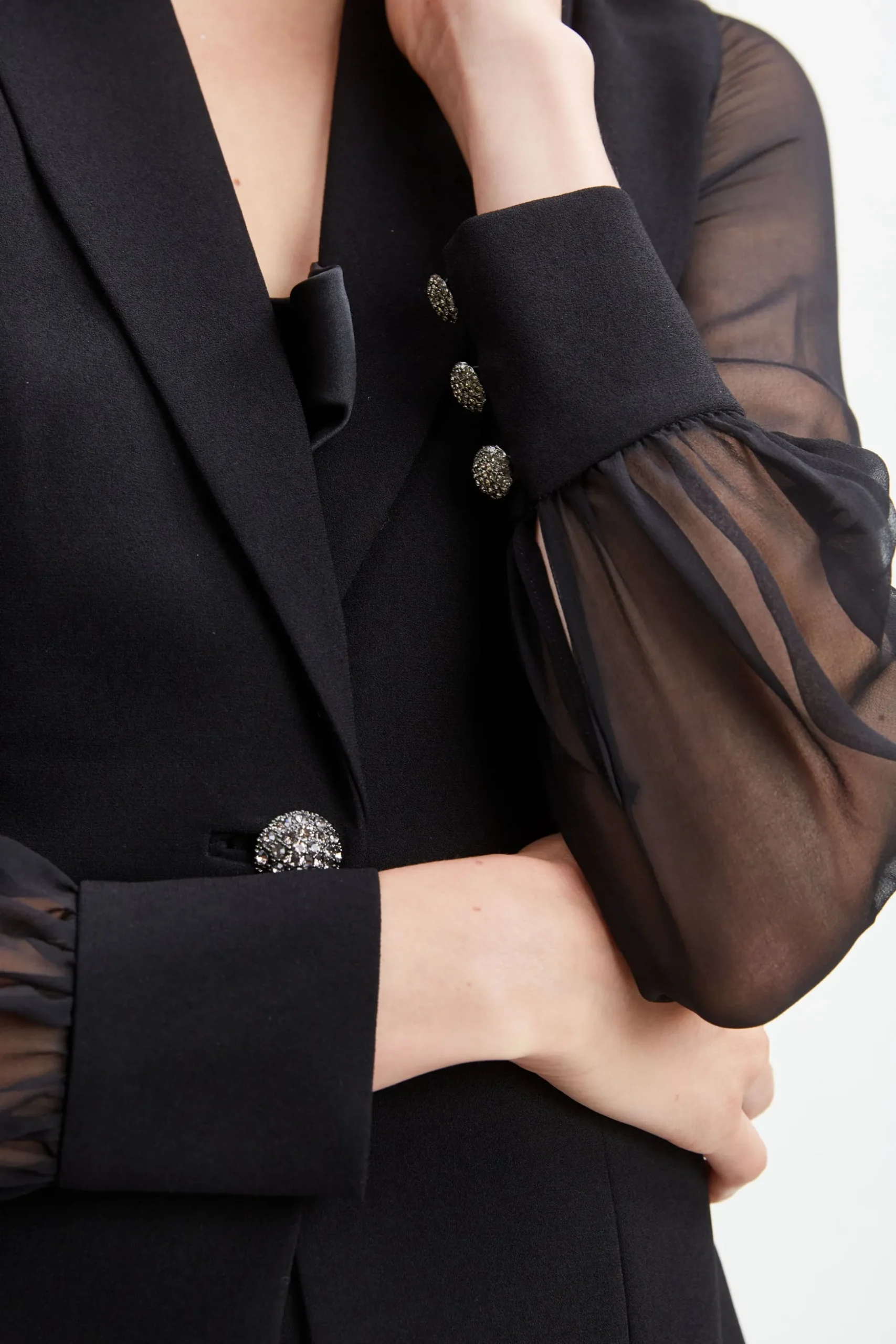 Elie Tahari Suiting|Jackets & Blazers-Chiffon Sleeve Jewel Button Blazer BLACK