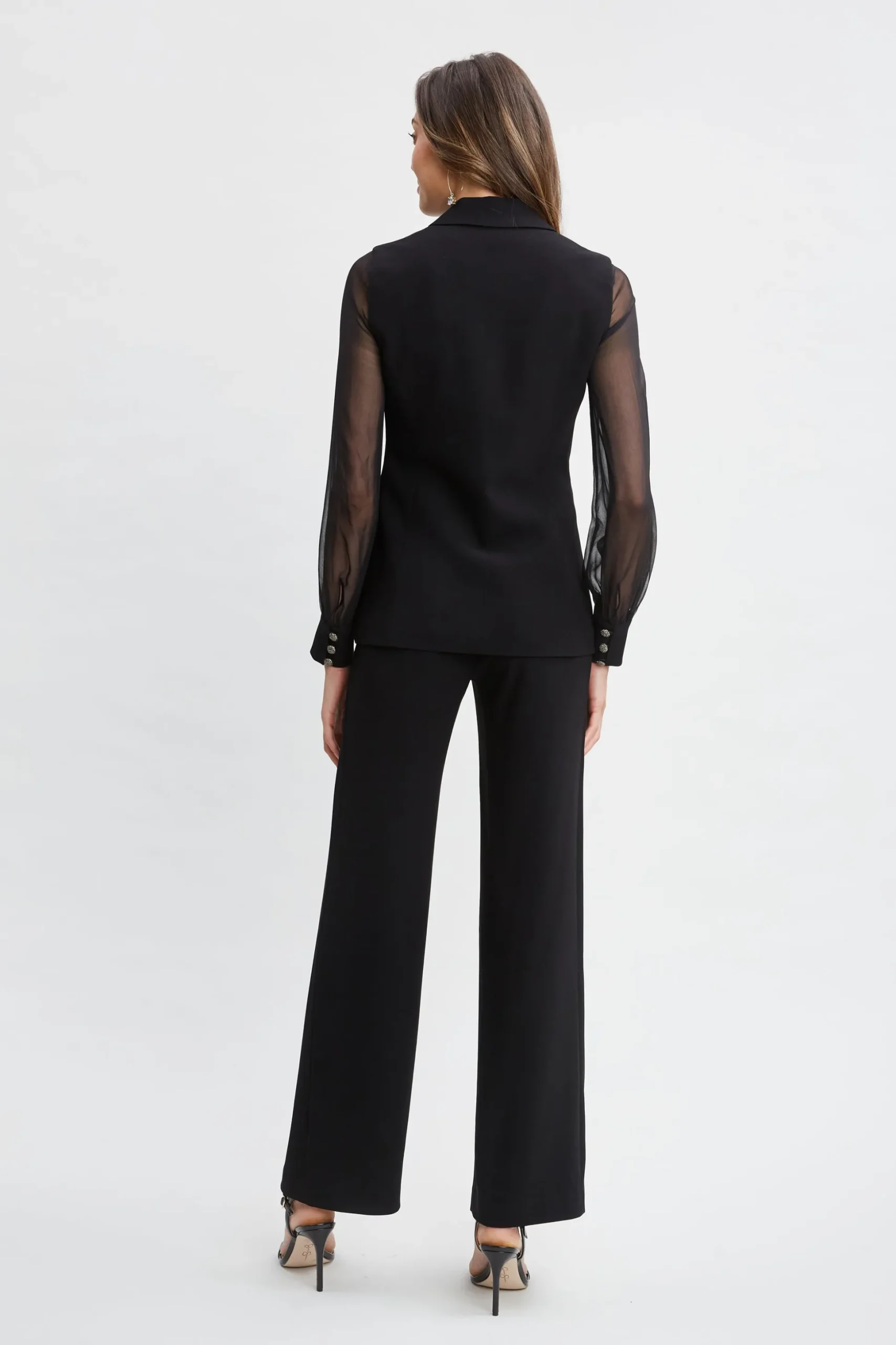 Elie Tahari Suiting|Jackets & Blazers-Chiffon Sleeve Jewel Button Blazer BLACK