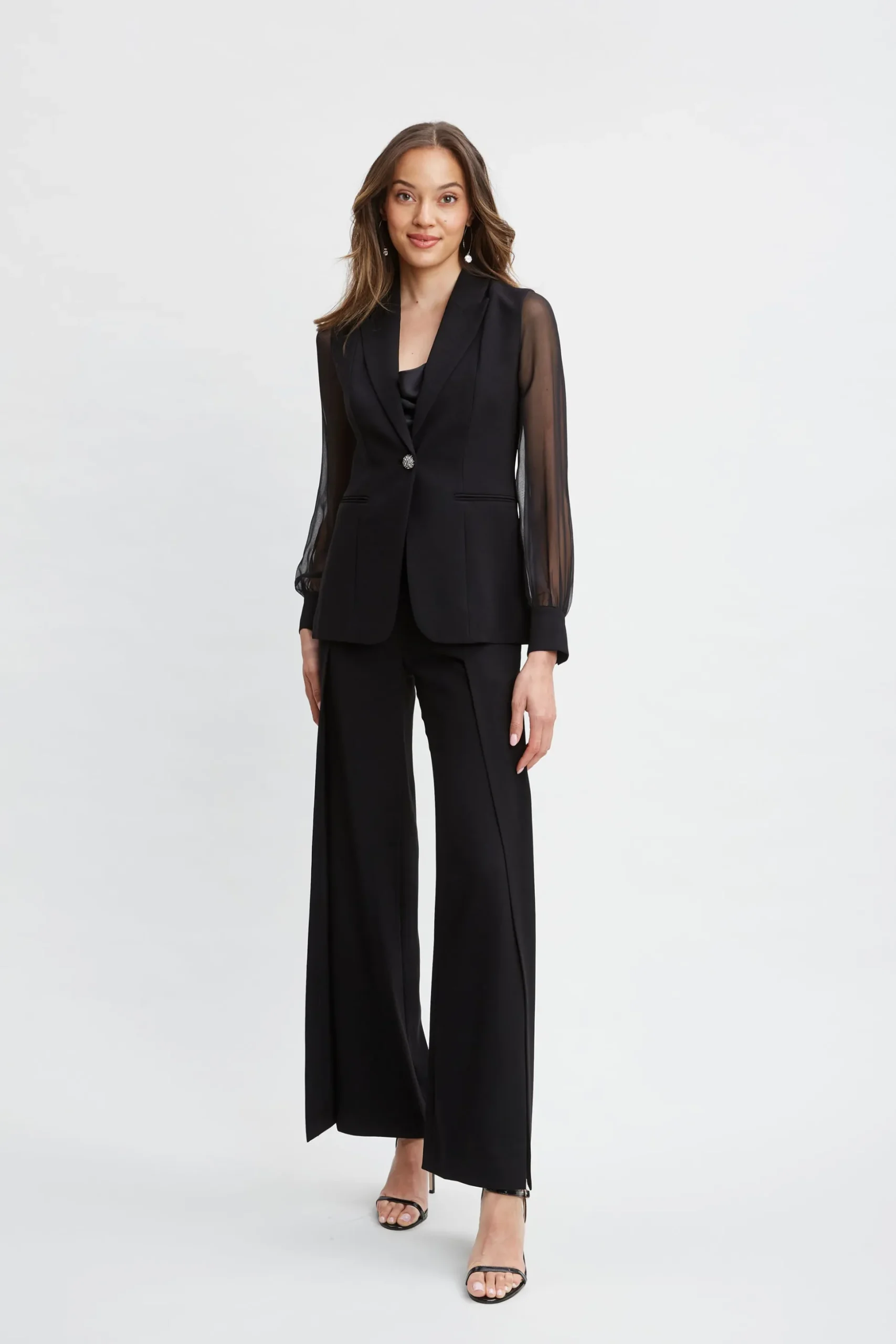 Elie Tahari Suiting|Jackets & Blazers-Chiffon Sleeve Jewel Button Blazer BLACK