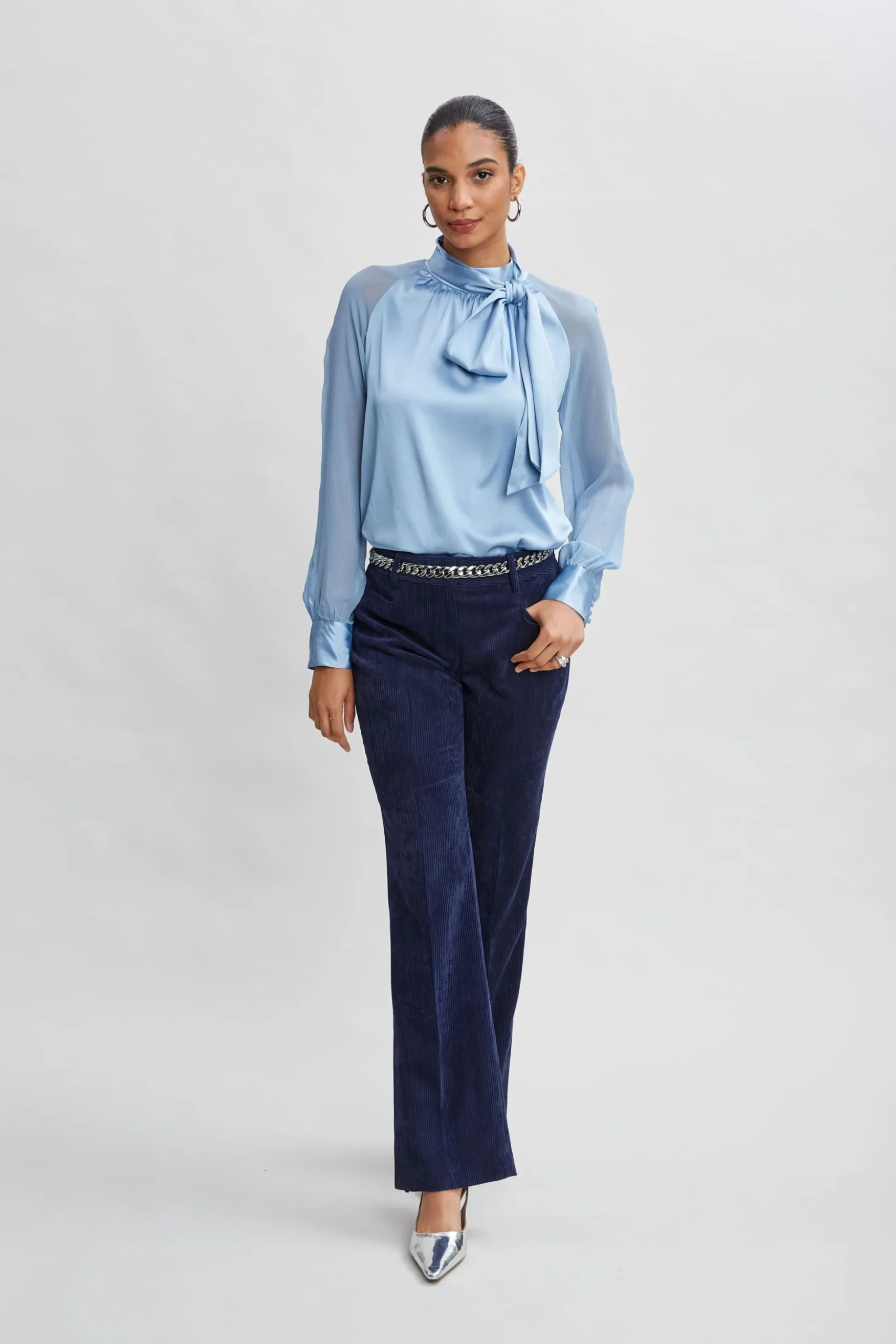 Elie Tahari Tops & Sweaters-Chiffon Sleeve Silk Satin Tie Shirt SKYBLUE