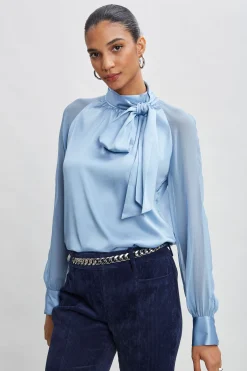 Elie Tahari Tops & Sweaters-Chiffon Sleeve Silk Satin Tie Shirt SKYBLUE