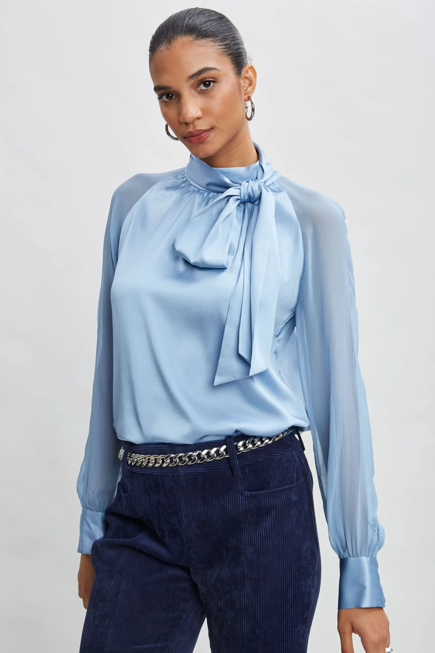 Elie Tahari Tops & Sweaters-Chiffon Sleeve Silk Satin Tie Shirt SKYBLUE