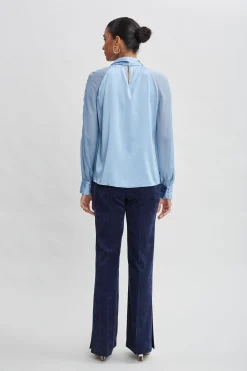 Elie Tahari Tops & Sweaters-Chiffon Sleeve Silk Satin Tie Shirt SKYBLUE