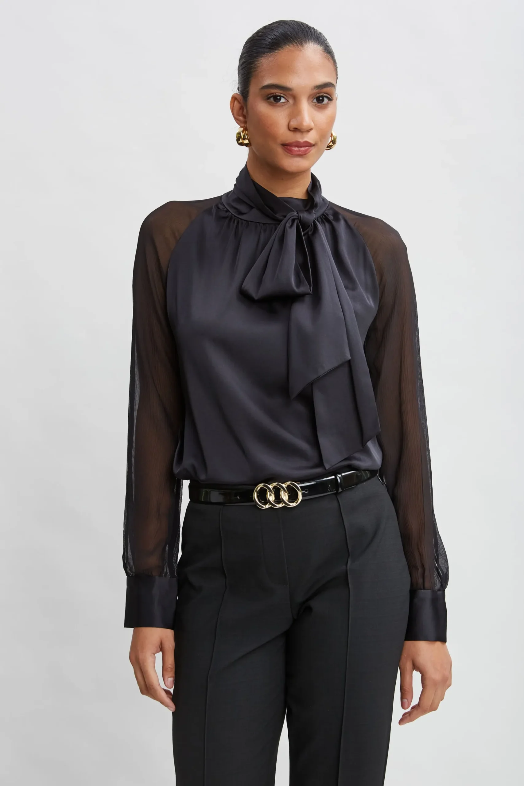 Elie Tahari Tops & Sweaters-Chiffon Sleeve Silk Satin Tie Shirt BLACK