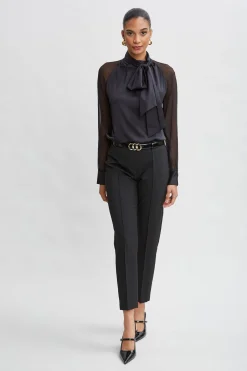 Elie Tahari Tops & Sweaters-Chiffon Sleeve Silk Satin Tie Shirt BLACK