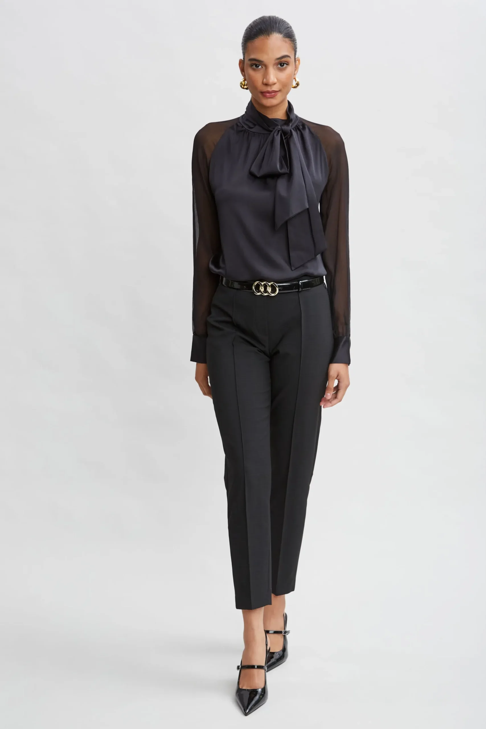 Elie Tahari Tops & Sweaters-Chiffon Sleeve Silk Satin Tie Shirt BLACK