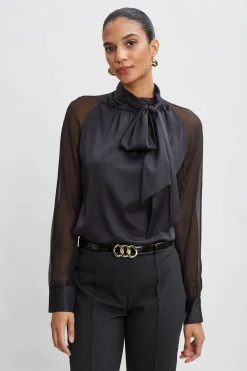 Elie Tahari Tops & Sweaters-Chiffon Sleeve Silk Satin Tie Shirt BLACK