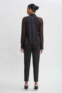 Elie Tahari Tops & Sweaters-Chiffon Sleeve Silk Satin Tie Shirt BLACK