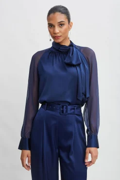 Elie Tahari Tops & Sweaters-Chiffon Sleeve Silk Satin Tie Shirt MIDNIGHT
