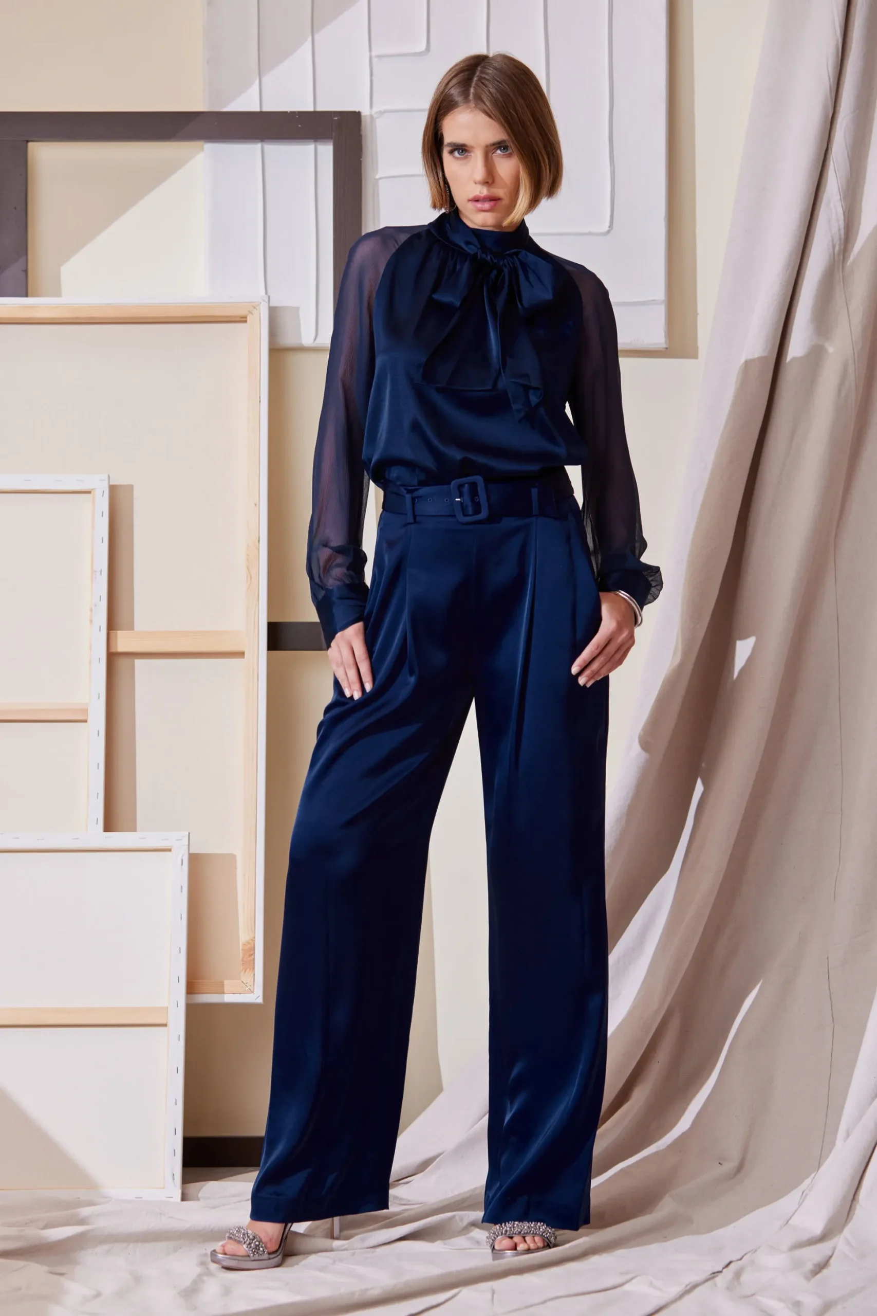 Elie Tahari Tops & Sweaters-Chiffon Sleeve Silk Satin Tie Shirt MIDNIGHT