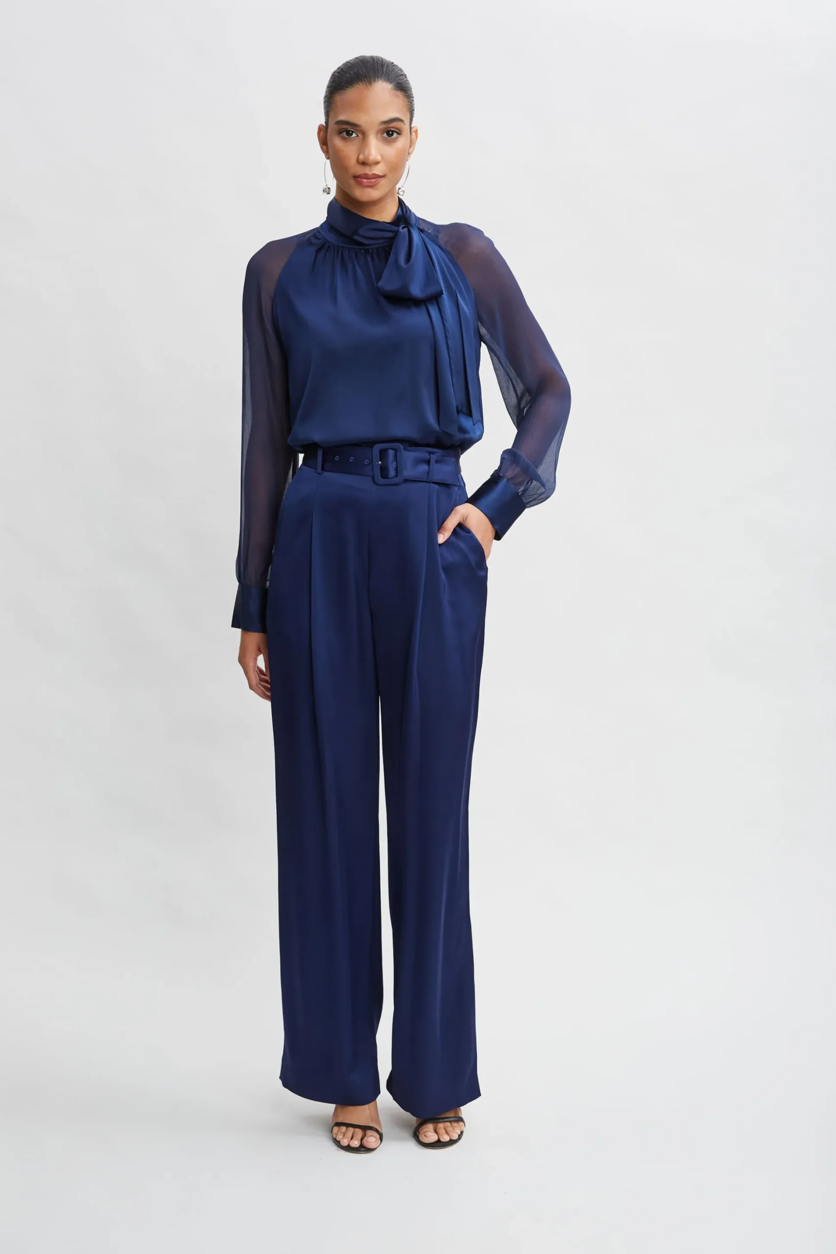 Elie Tahari Tops & Sweaters-Chiffon Sleeve Silk Satin Tie Shirt MIDNIGHT
