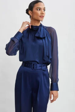 Elie Tahari Tops & Sweaters-Chiffon Sleeve Silk Satin Tie Shirt MIDNIGHT