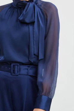 Elie Tahari Tops & Sweaters-Chiffon Sleeve Silk Satin Tie Shirt MIDNIGHT