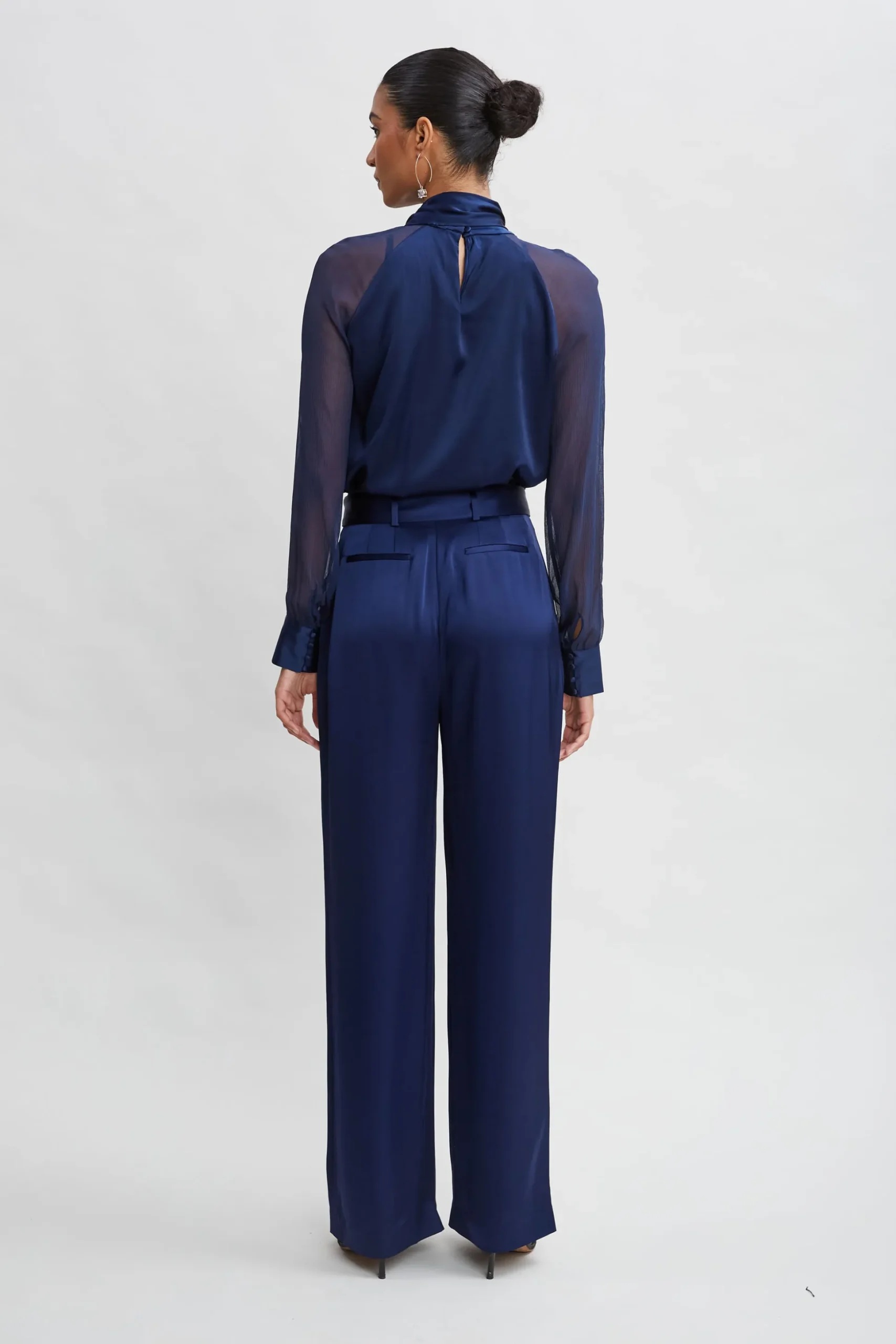 Elie Tahari Tops & Sweaters-Chiffon Sleeve Silk Satin Tie Shirt MIDNIGHT