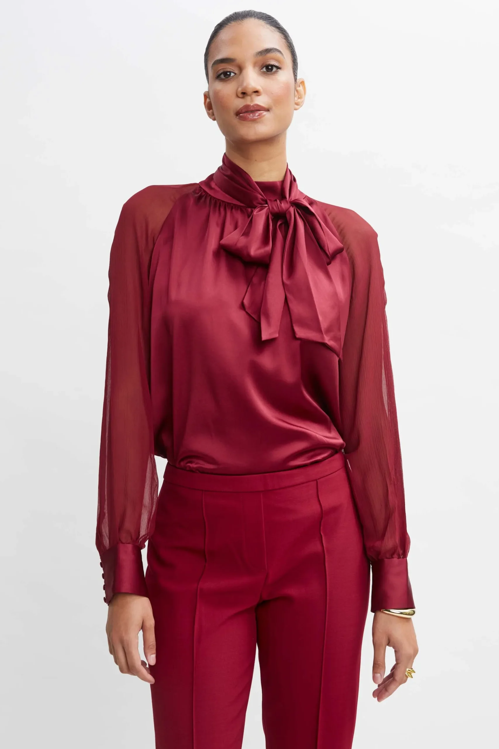 Elie Tahari Tops & Sweaters|Suiting-Chiffon Sleeve Silk Satin Tie Shirt SANGRIA