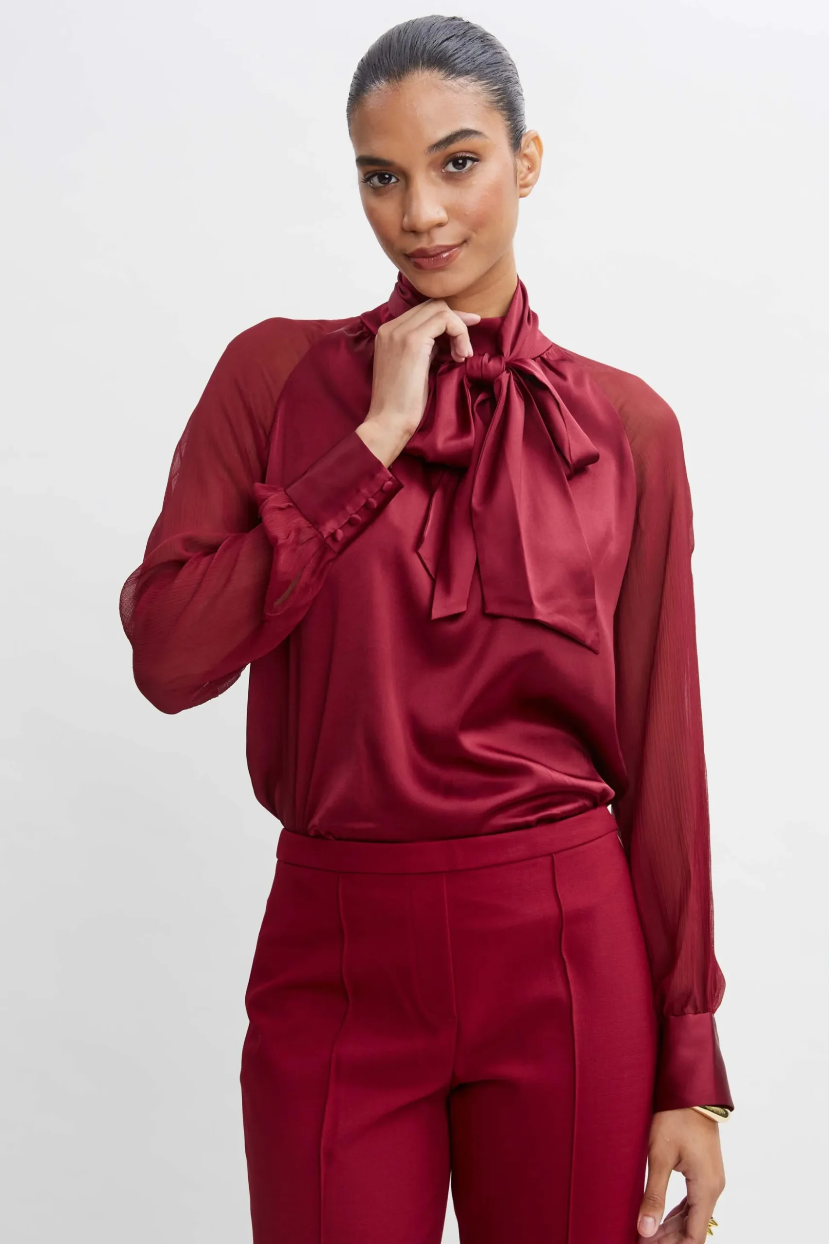 Elie Tahari Tops & Sweaters|Suiting-Chiffon Sleeve Silk Satin Tie Shirt SANGRIA