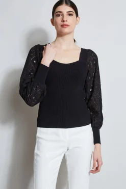 Elie Tahari Tops & Sweaters-Contour Neck Lace Sleeve Sweater NOIR