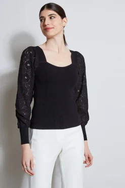 Elie Tahari Tops & Sweaters-Contour Neck Lace Sleeve Sweater NOIR