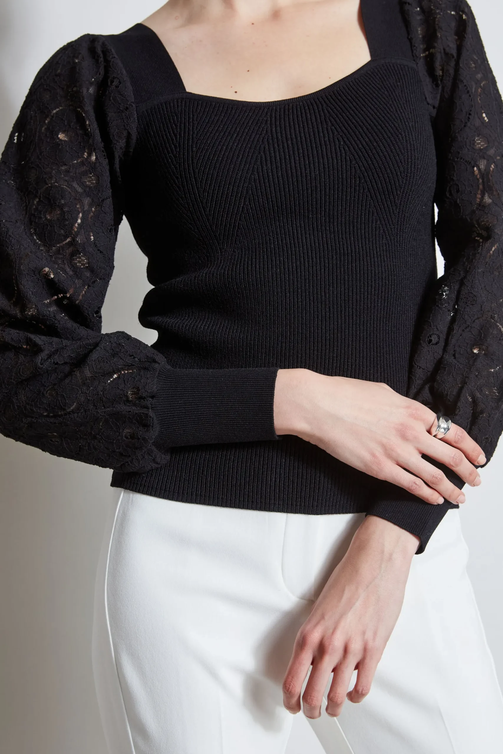 Elie Tahari Tops & Sweaters-Contour Neck Lace Sleeve Sweater NOIR