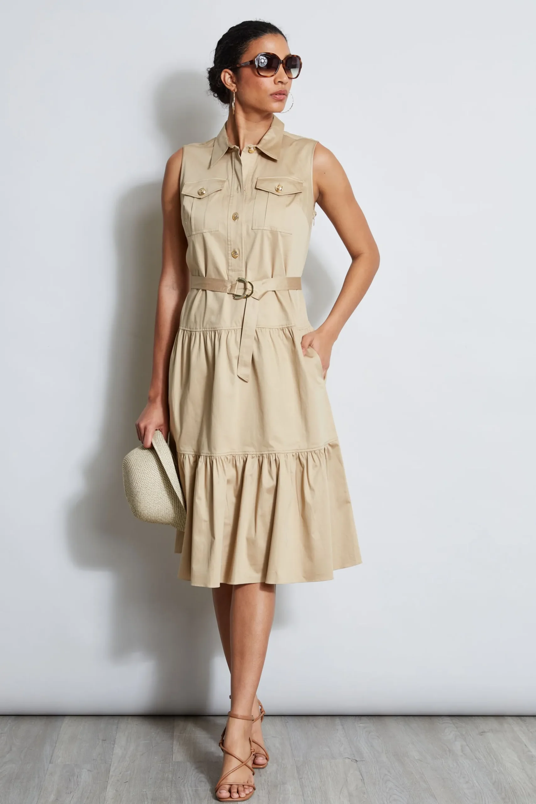 Elie Tahari Dresses & Jumpsuits|Sleeveless Dresses-Cotton Utility Dress SANDCASTLE