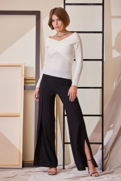 Elie Tahari Bottoms|Suiting-Crepe Overlay Slit Pant BLACK