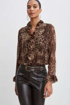 Elie Tahari Tops & Sweaters-Crinkle Chiffon Safari Blouson Shirt MULTI