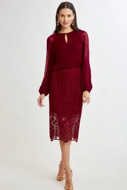 Elie Tahari Bottoms-Crochet Lace Midi Skirt SANGRIA