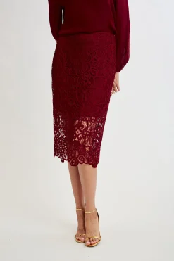 Elie Tahari Bottoms-Crochet Lace Midi Skirt SANGRIA